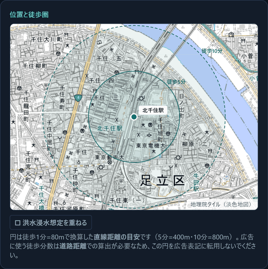 地価ナビの駅検索画面（北千住駅の地図と徒歩5分・10分圏）