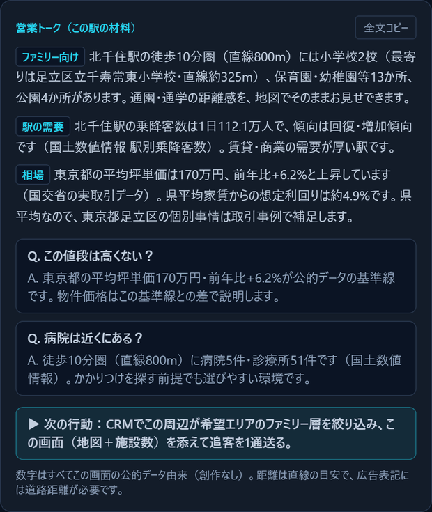 駅の営業トーク・想定問答・次の行動の自動表示